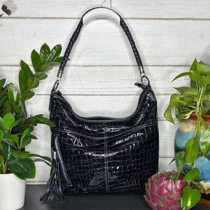 Brighton Navy Crocodile-Embossed Shoulder Bag